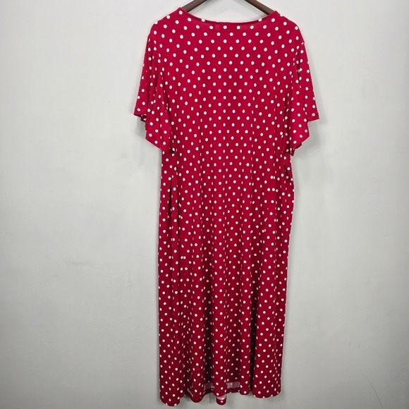 Susan Graver Midi Dress 2XP‎ Red Polka Dot V Neck Flutter Sleeve Liquid Knit - Picture 4 of 9